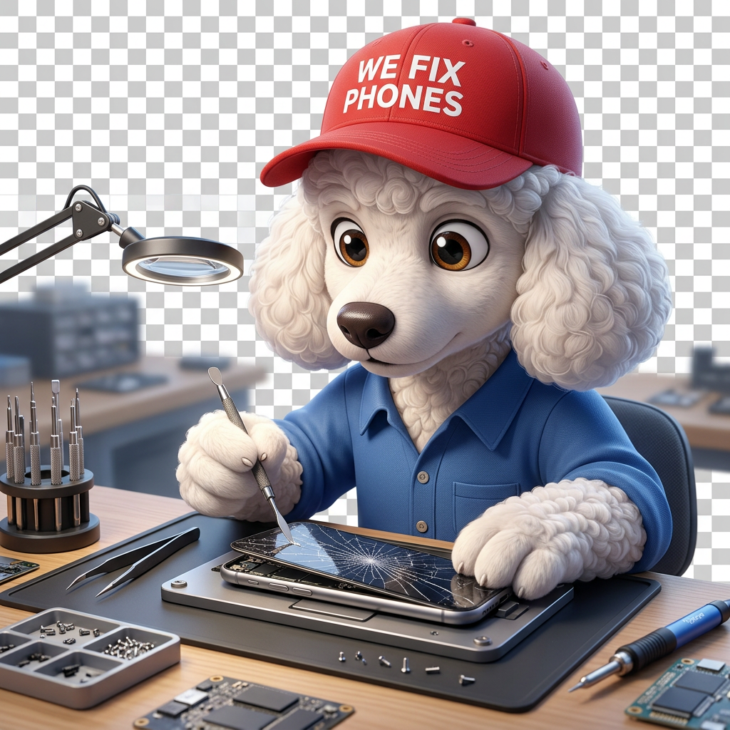 Charlie the mascot repairing an iPhone
