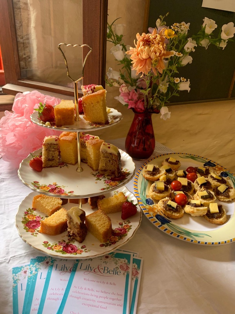 Crafty lunch in Lostwithiel — three-tiered cake stand with savoury appetizers at a Lily & Belle craft party