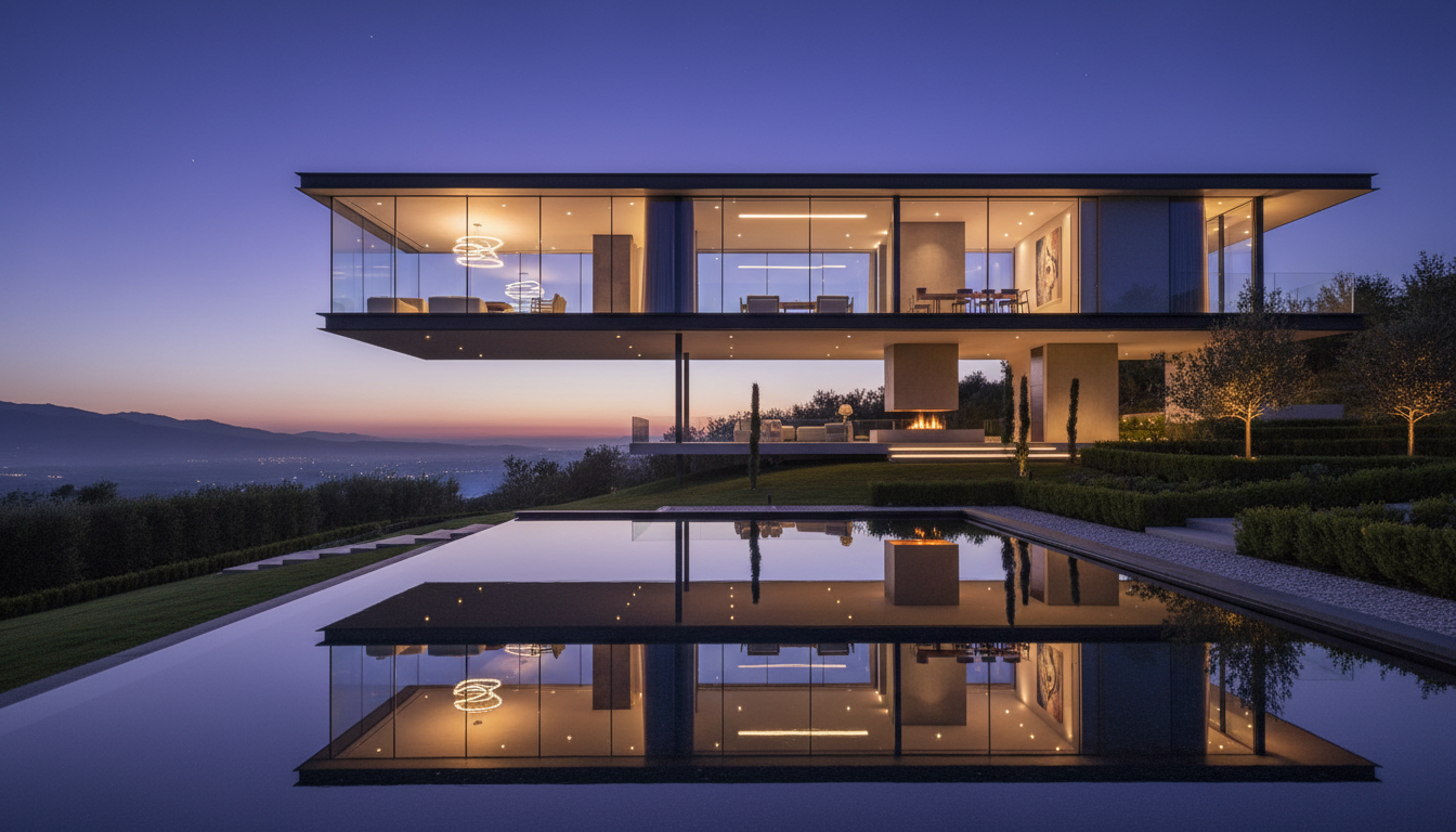 Low-angle view of a modern minimalist home with floor-to-ceiling glass walls at dusk