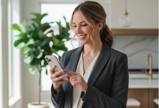 Happy female real estate agent scrolling through her phone