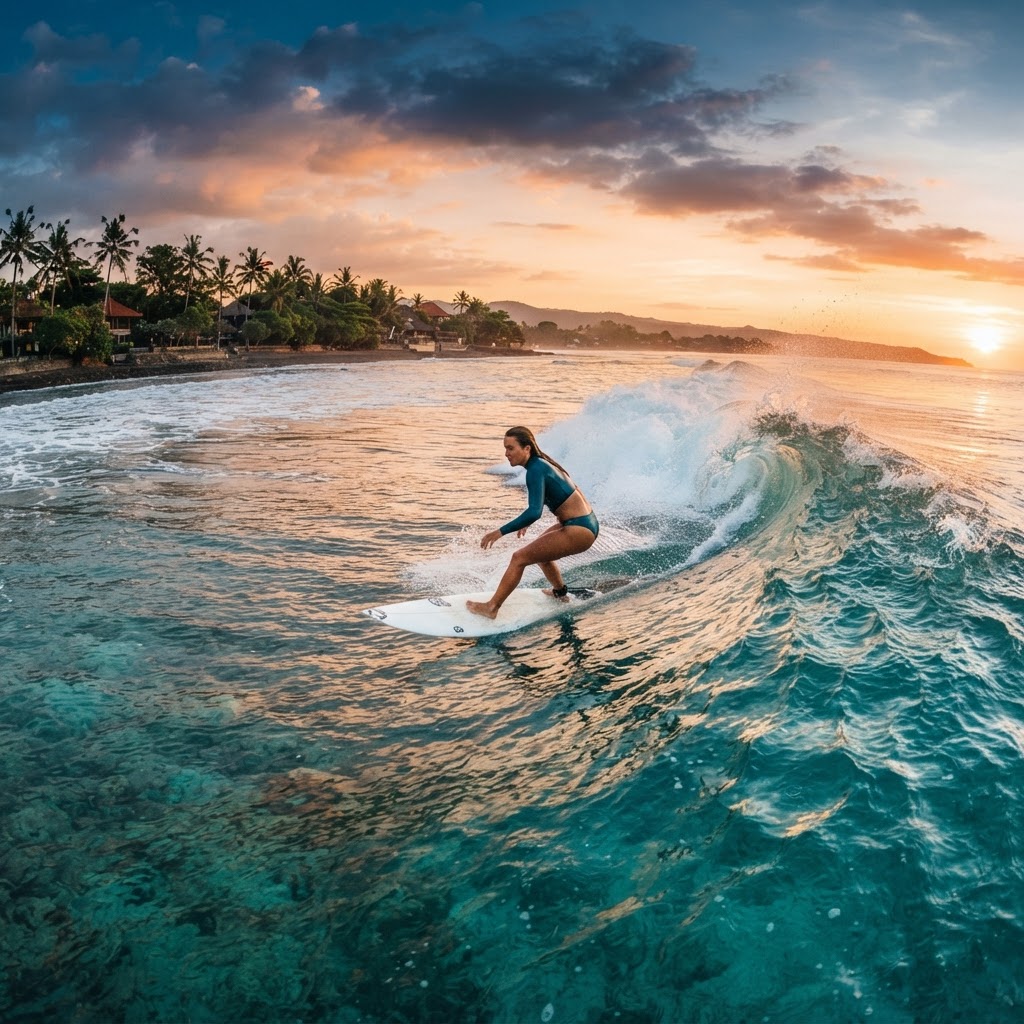 Surfer riding a wave at a tropical reef break in Bali, Indonesia