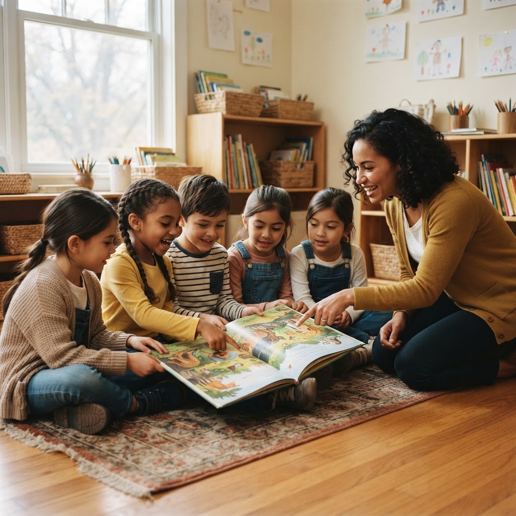 Children reading illustrated books together in a classroom