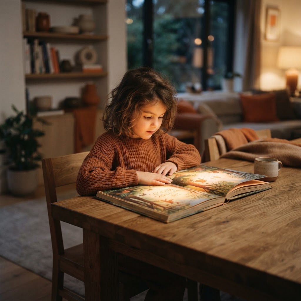 A child absorbed in an In-Book enhanced illustrated book