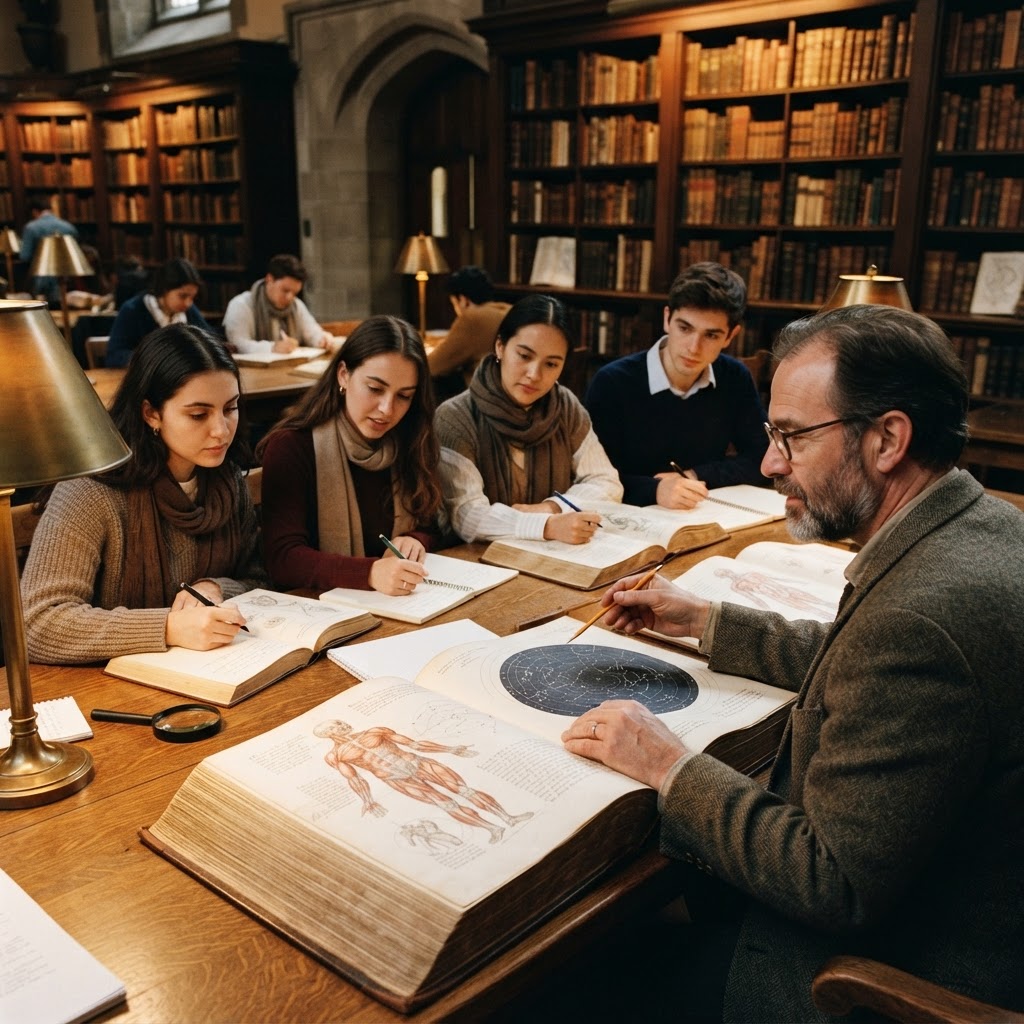 University students studying complex illustrated volumes