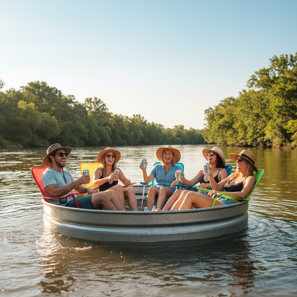 5 friends sitting in lawn chairs inside a stock tank floating on the river, laughing with cold drinks