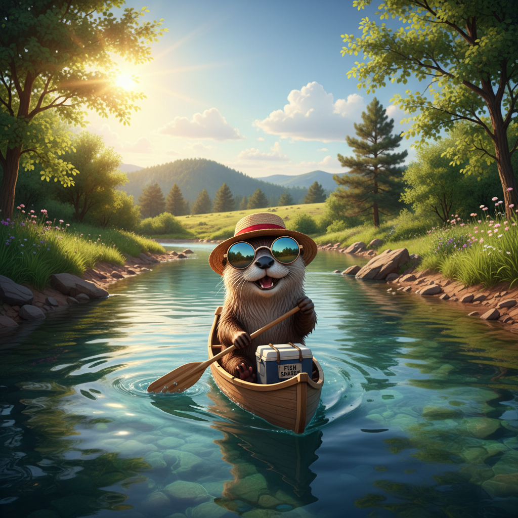 Floaty the otter mascot paddling a canoe down the river with sunglasses