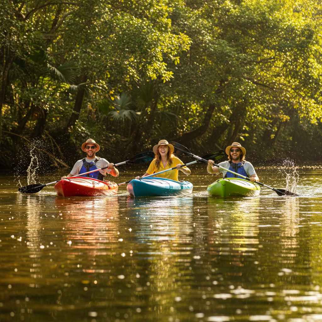 Two men and two women kayaking together down the river having fun in the sun