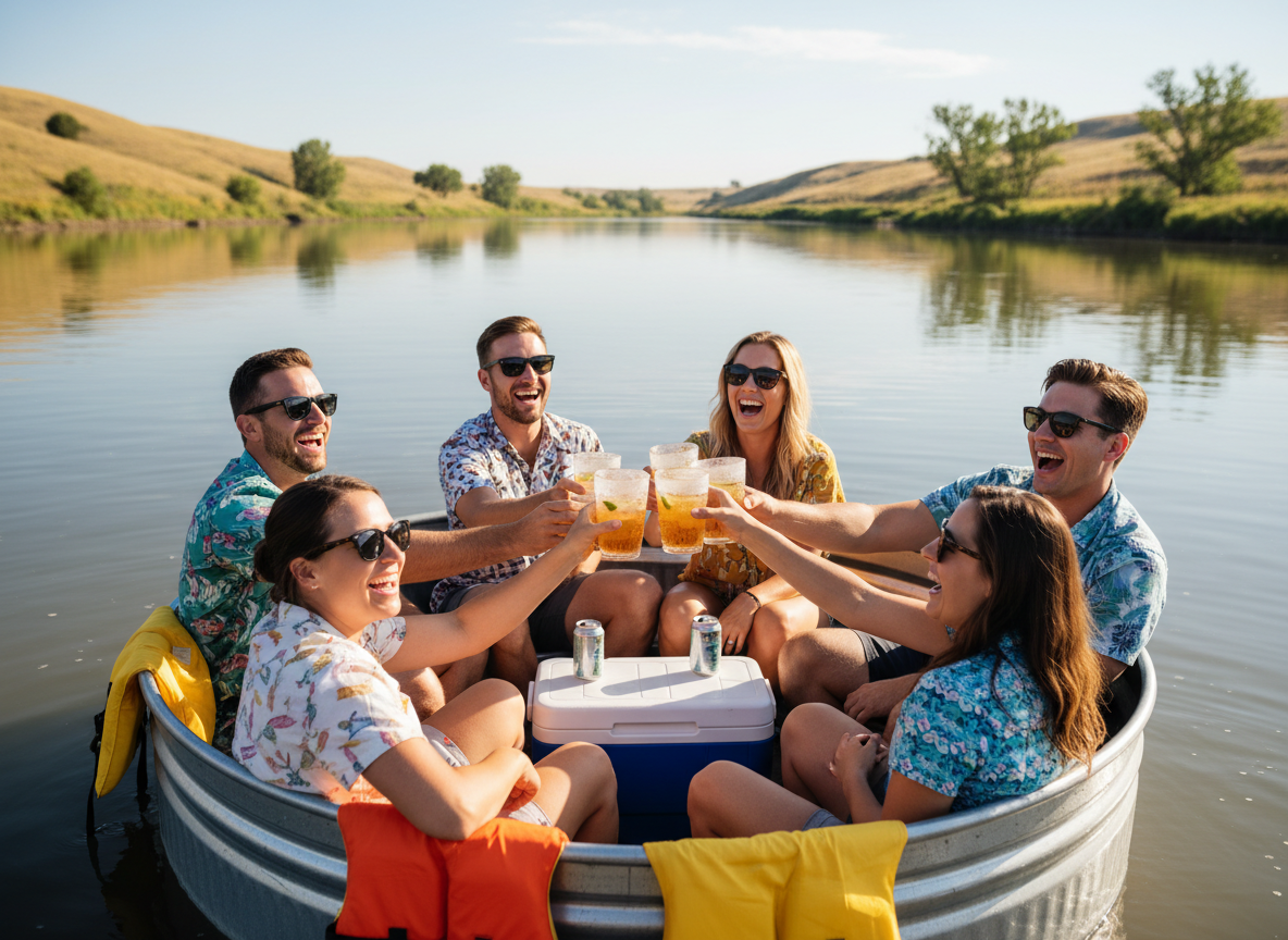 Friends having fun floating in a stock tank on the river