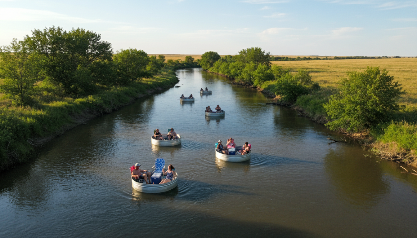 People floating down the river in stock tanks on a beautiful sunny day