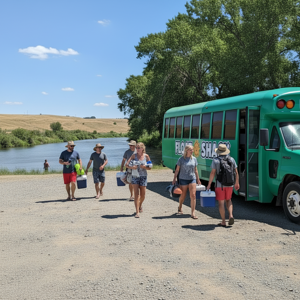 Teal green shuttle bus waiting to take floaters back to their cars