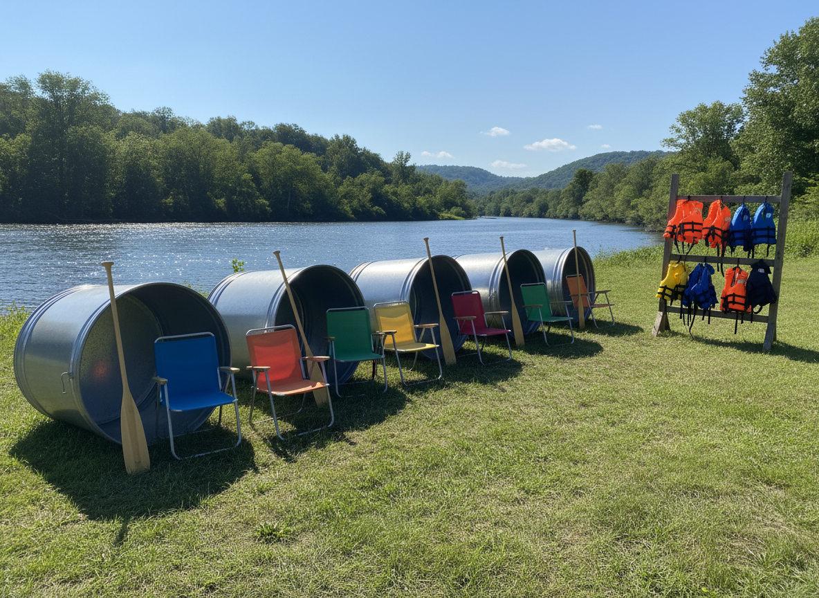 Stock tanks and gear lined up on the riverbank ready to go