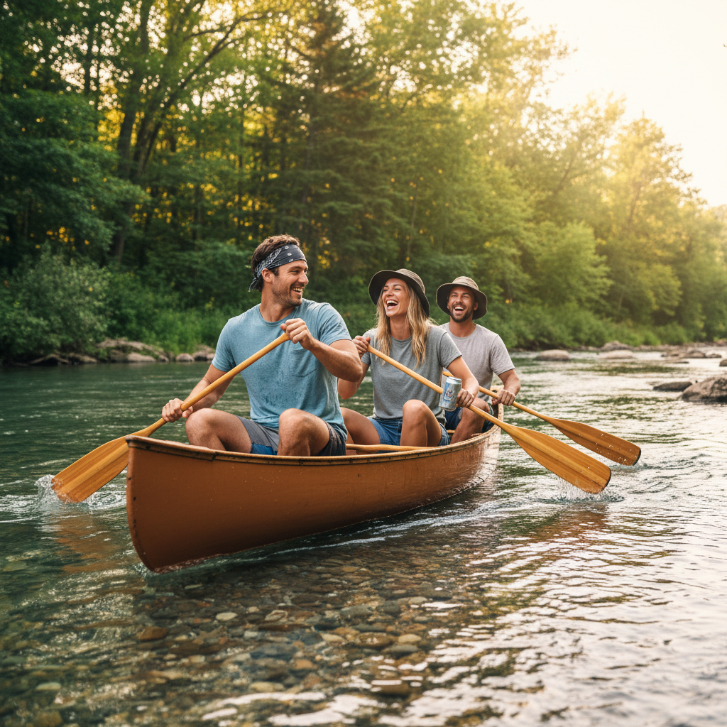 3 friends paddling wooden canoe paddles on the river with cold drinks, having a blast