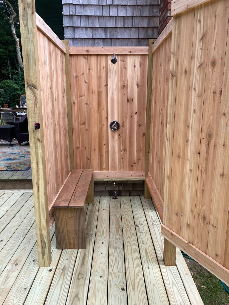 Cedar deck in North Kingstown, RI — Outdoor Shower