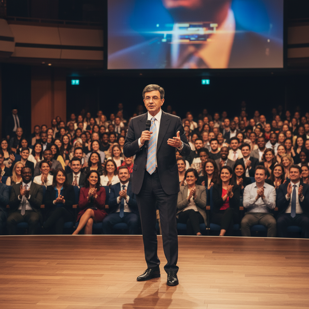 Hormoz Mogarei giving a talk at a business conference