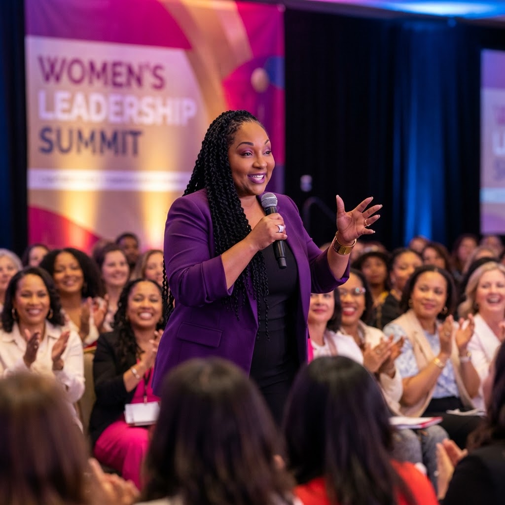 Apostle Paula L. Hester on a large conference stage, microphone in hand, speaking to a diverse professional audience at a women's leadership summit, confident and commanding presence under stage lighting