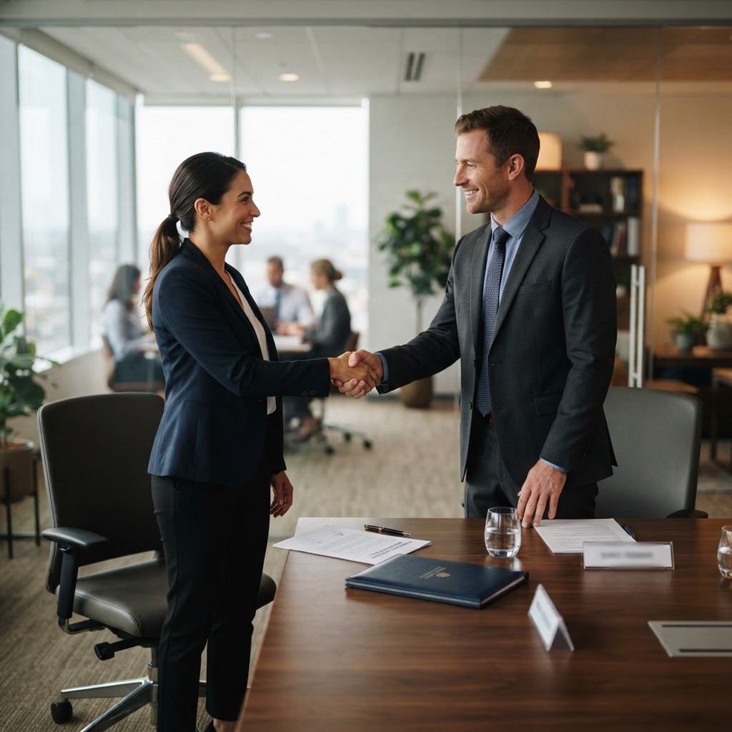 Two business professionals in an office shaking hands across a conference table after finalizing a speaking engagement contract.