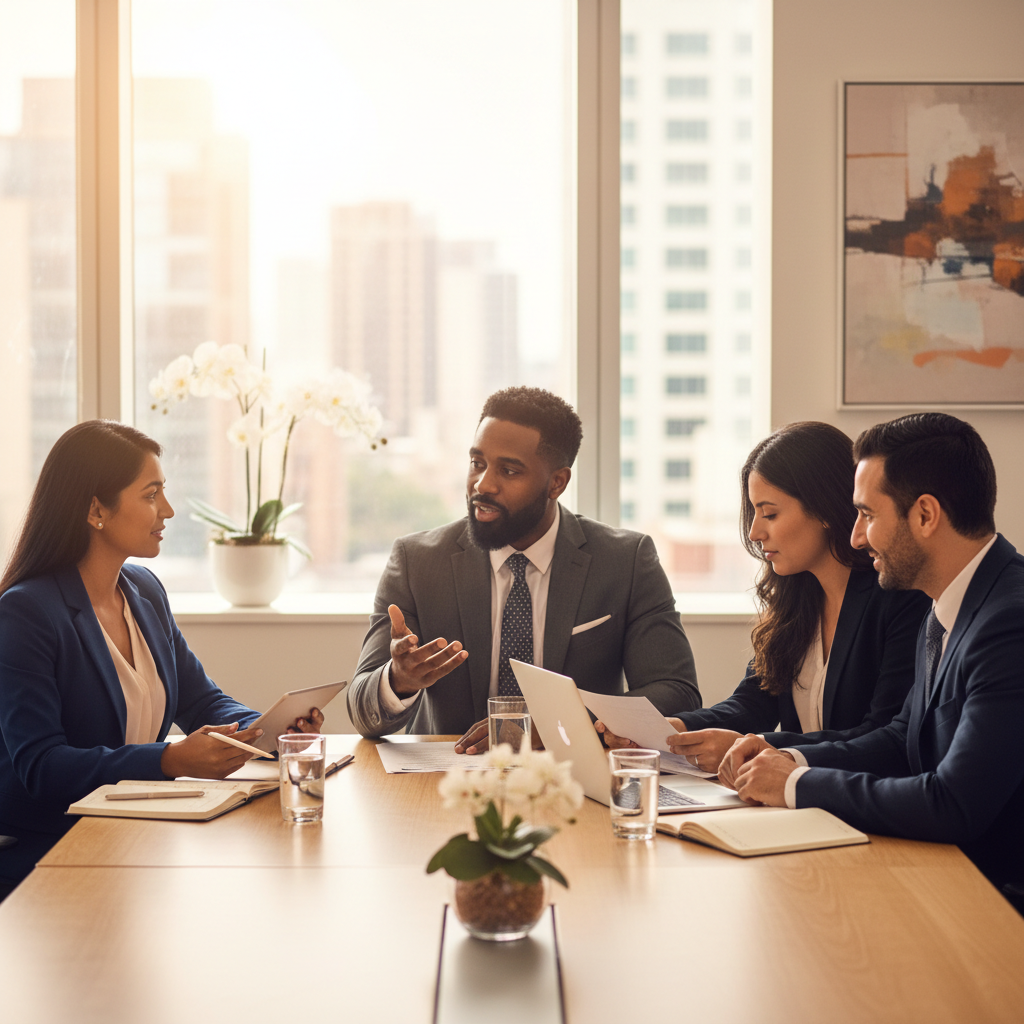 A professional negotiation meeting between an event planner and a speaker