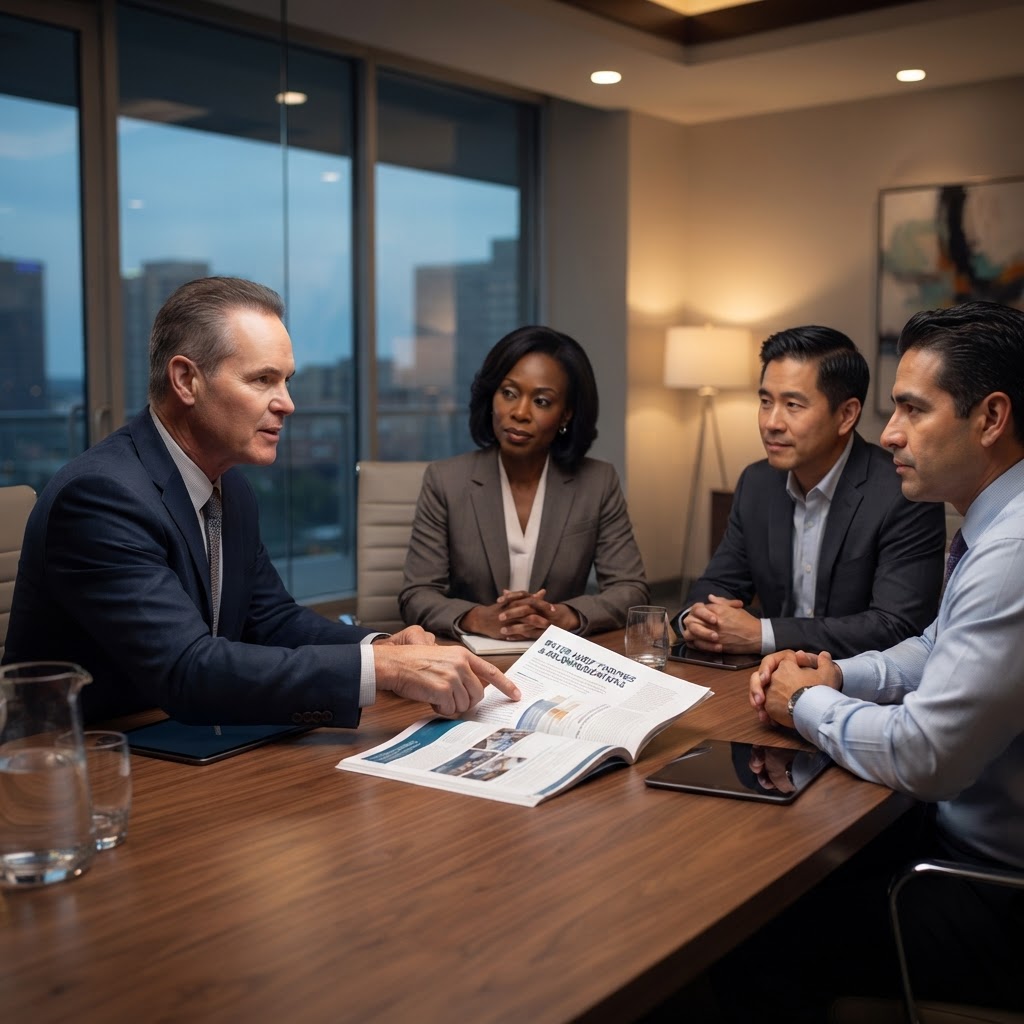 Thomas Force reviewing a complex healthcare contract at a large conference table, surrounded by legal documents and compliance binders, conveying authority and focus in a professional legal setting