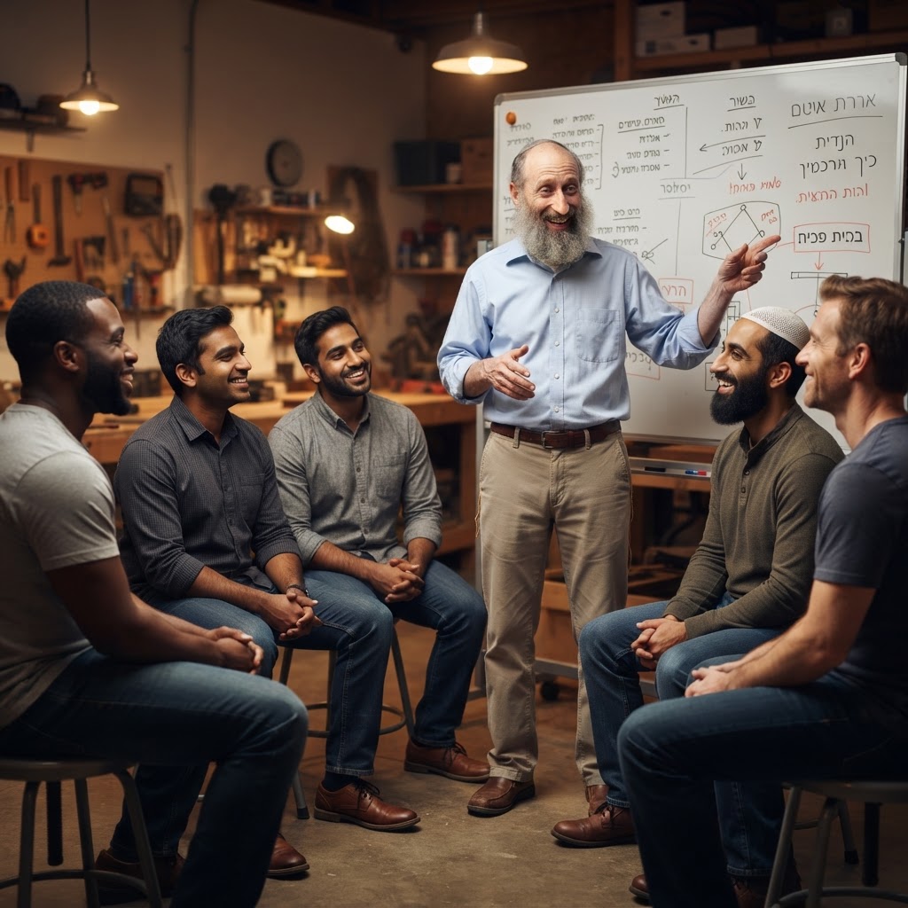Binyamin Rothstein standing at a whiteboard in a men's workshop setting, gesturing expressively to a small engaged group of fathers seated in a circle, warm indoor lighting, candid and energetic atmosphere