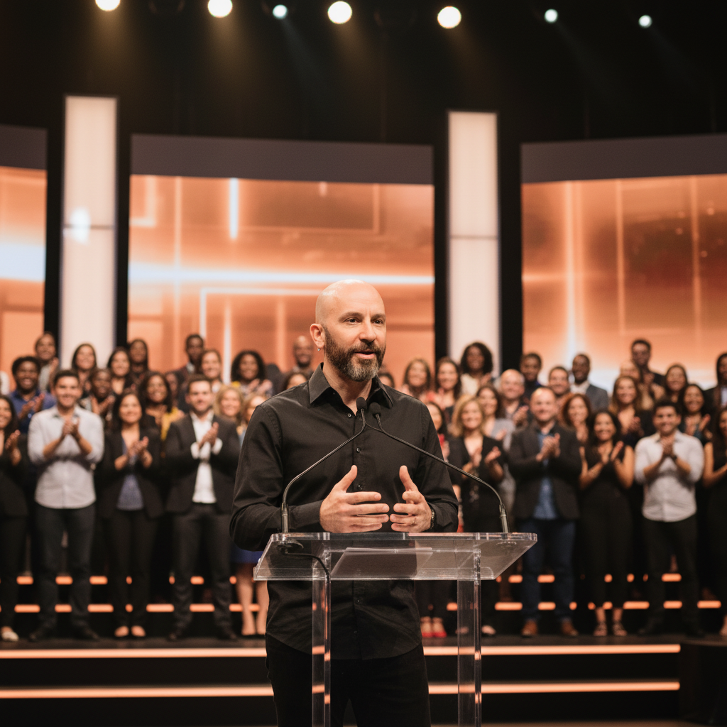 a man speaking confidently on a large stage to an audience