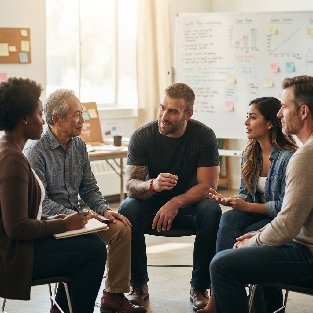 Earl Granville in an intimate workshop setting, engaging a small group of seated participants with visible energy and connection, casual but focused atmosphere