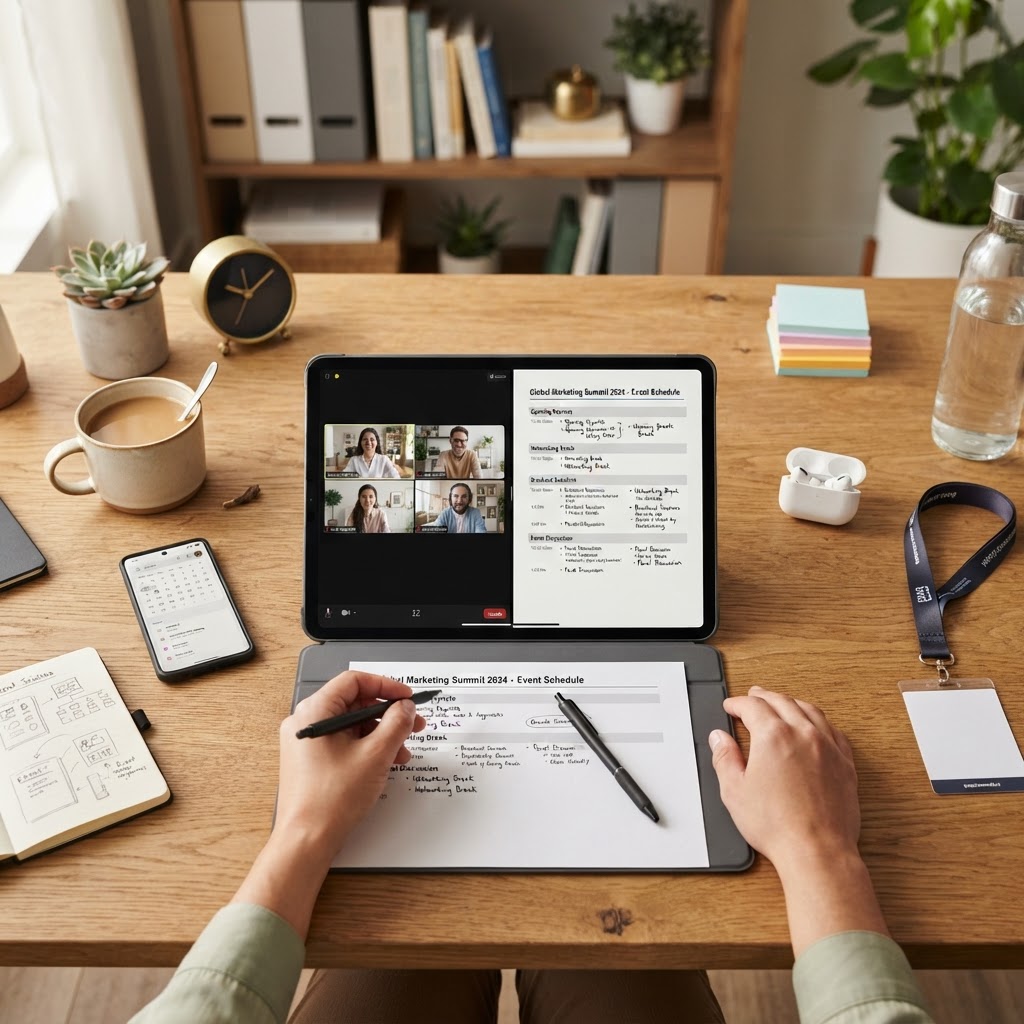 An overhead flat-lay shot of a modern, organized event planner's desk with a split-screen tablet displaying a virtual meeting on one side and a printed physical conference agenda on the other, soft morning light, professional workspace aesthetic