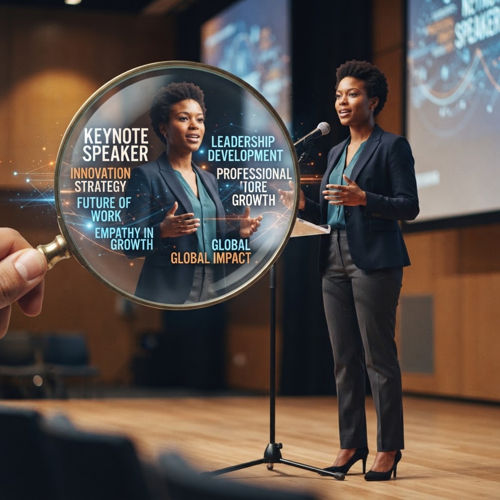 A conceptual graphic showing a search magnifying glass focused on a professional speaker profile surrounded by high-ranking keyword word clouds.