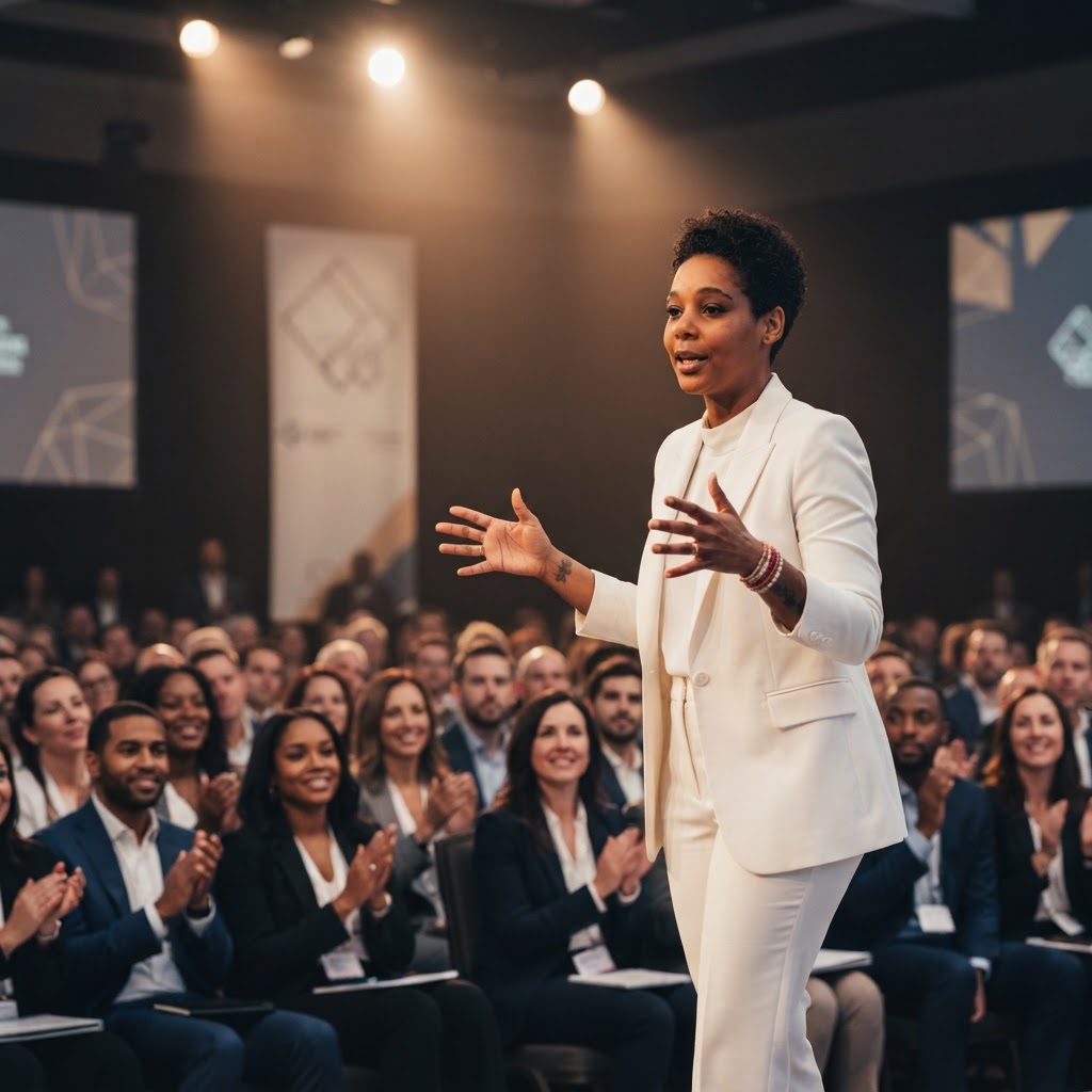 Shaman Dr. YY Baker commanding a large conference stage under warm spotlights, speaking passionately to a packed audience of corporate professionals, her presence powerful and grounded