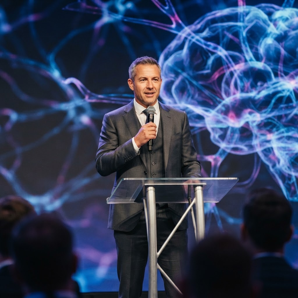 A conceptual digital illustration showing a glowing network of synapses connecting to a microphone icon on a stage, symbolizing the transfer of energy between speaker and audience.