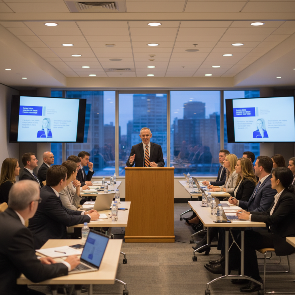 description of a professional speaking photo