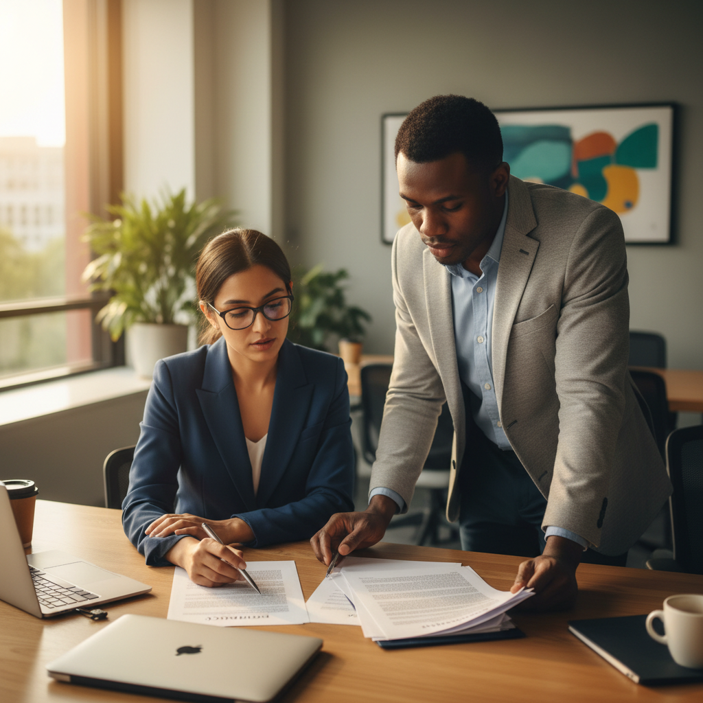 A meeting planner reviewing speaker contracts