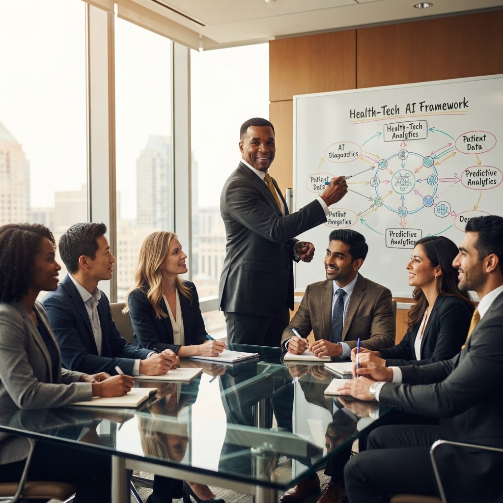 Dr. Vincent Njoku leading an intimate executive workshop, standing at a whiteboard sketching out a health-tech framework, engaged professionals seated around a conference table