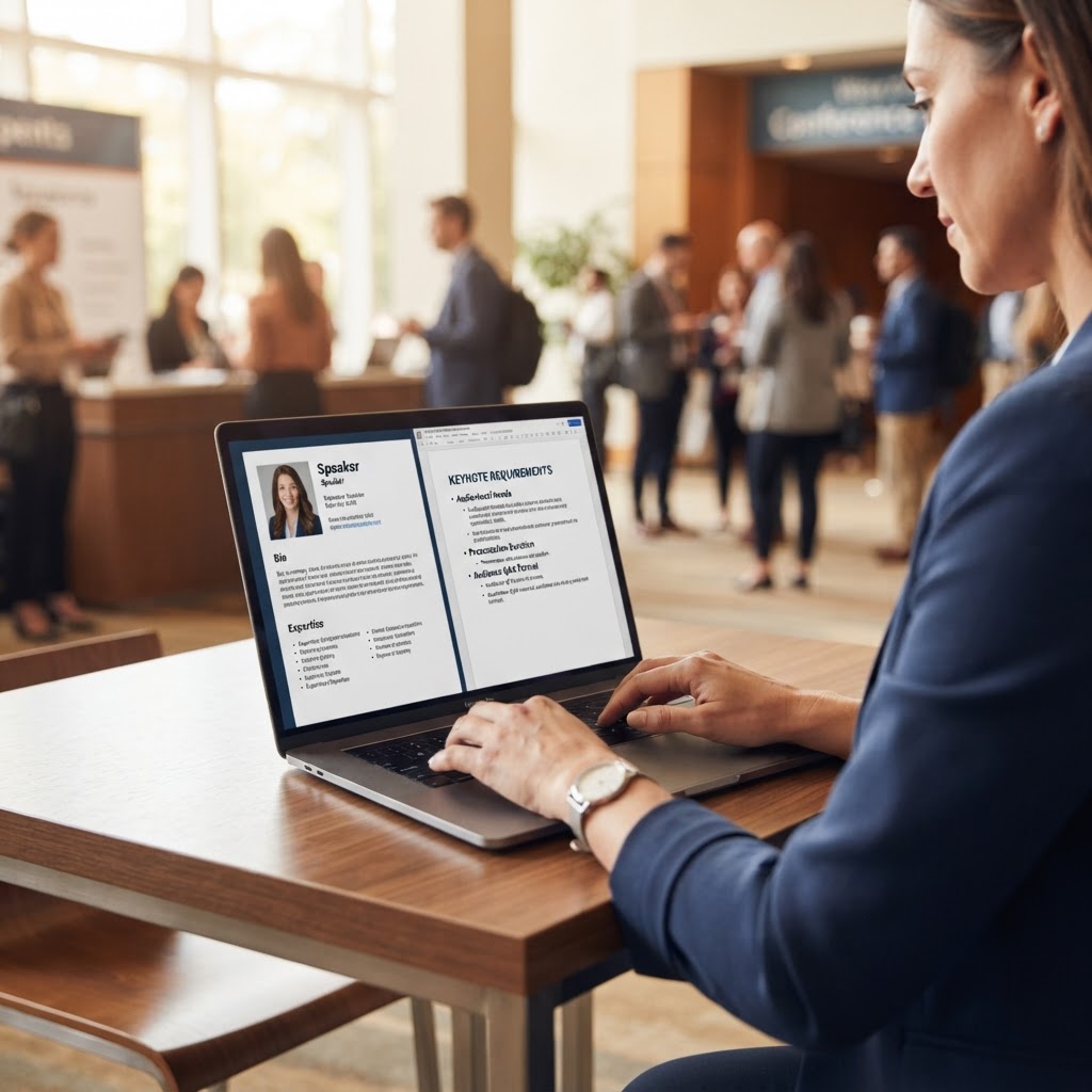 A close-up shot of an event planner's hands typing on a laptop with a split-screen showing a professional speaker profile and a list of conference keynote requirements.