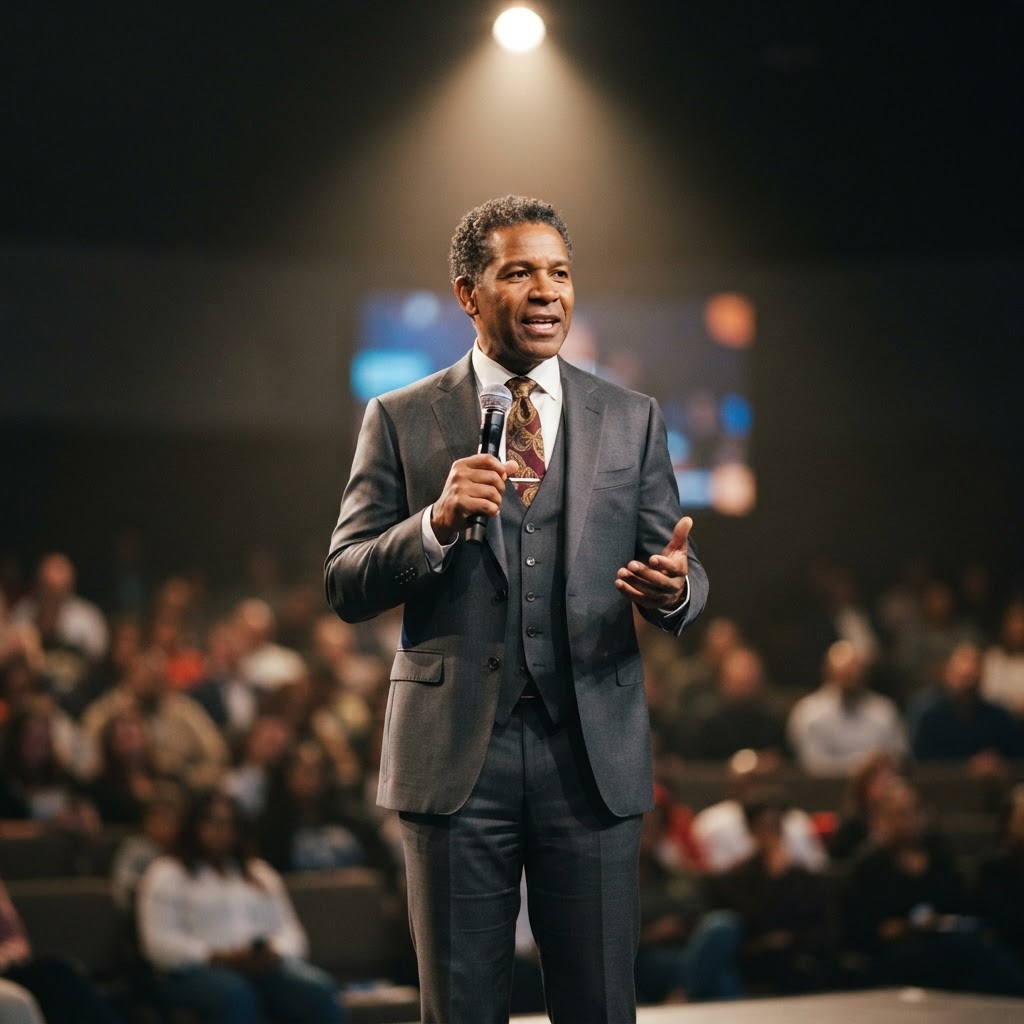 A professional speaker standing confidently on a stage holding a microphone with a spotlight focused on them