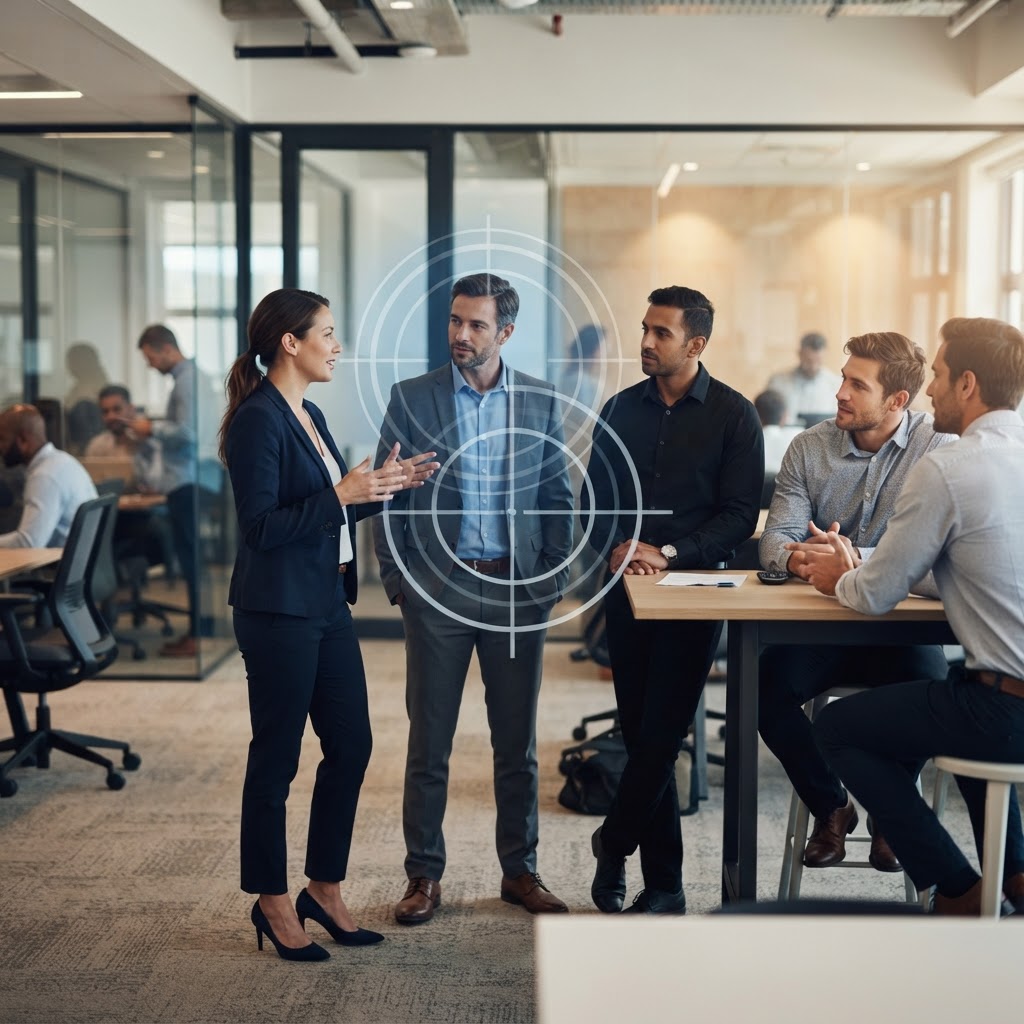 A digital marketing concept showing a target icon overlaying a professional network of business professionals, representing the spear-fishing outreach method.