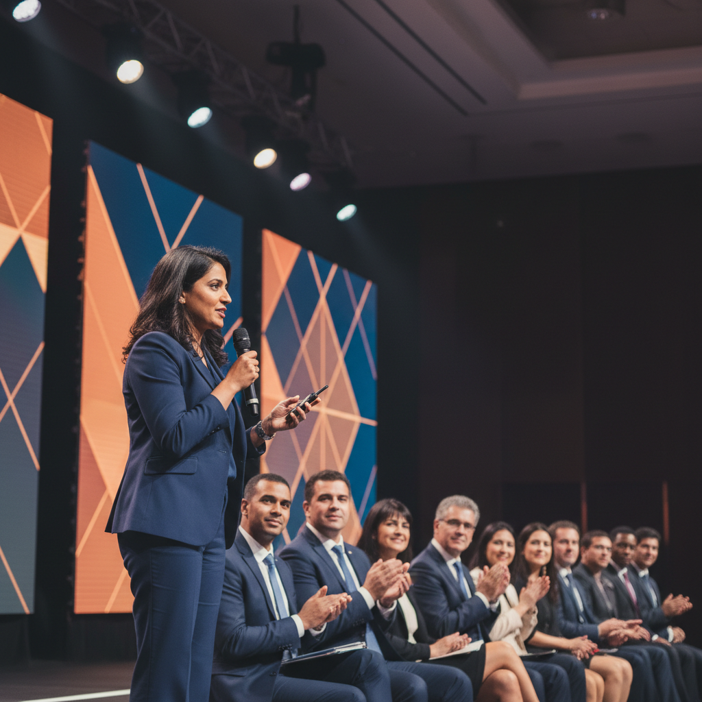 A confident speaker presenting at a large corporate event, engaging with an audience.