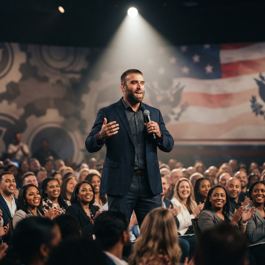 Earl Granville speaking on a large conference stage, commanding the room with intensity and emotion, military-inspired backdrop with dramatic lighting