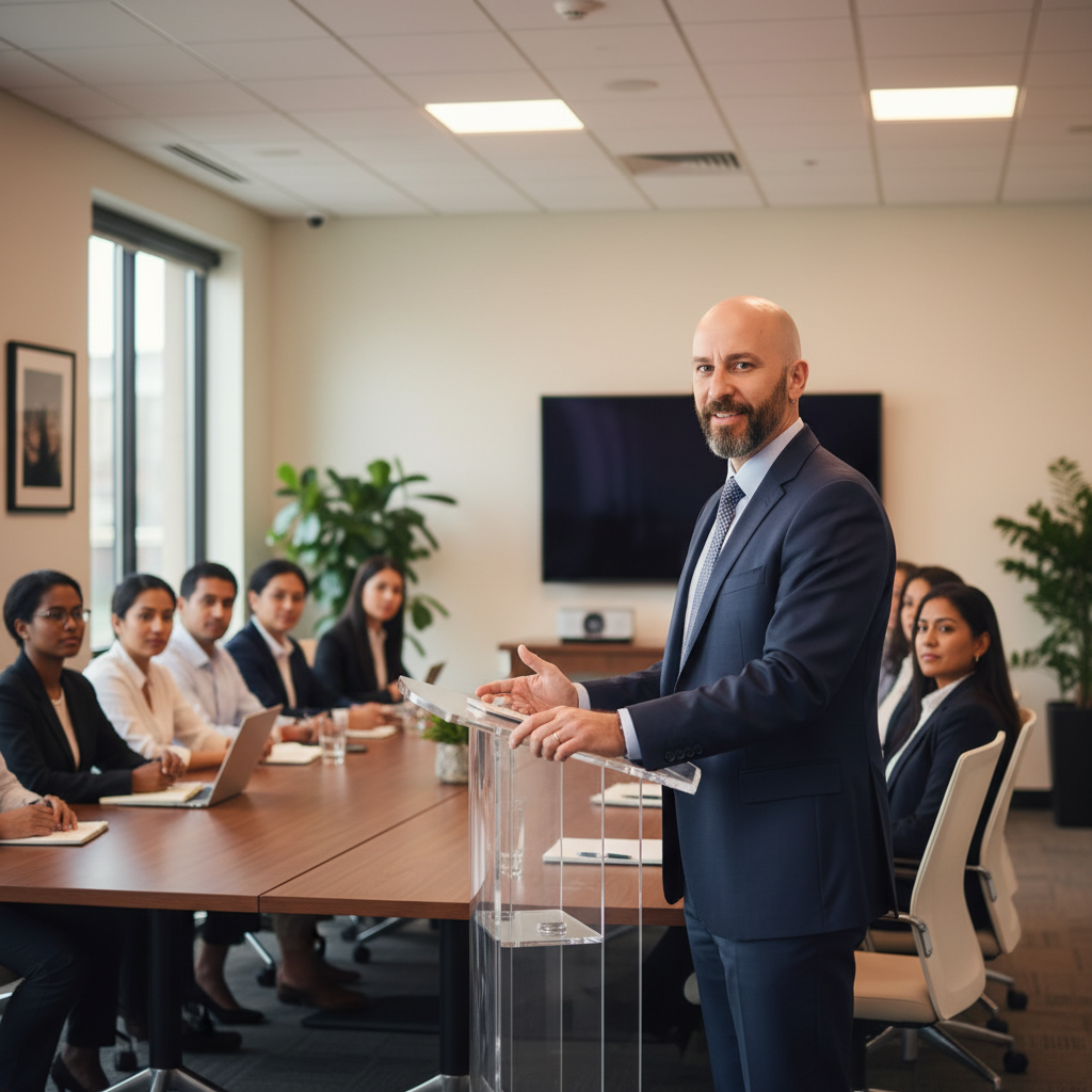 a man leading a corporate workshop at a podium