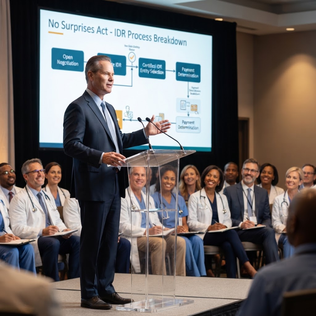 Thomas Force presenting at a medical association conference, gesturing toward a projected slide showing revenue cycle data, with an engaged audience of healthcare professionals in the foreground