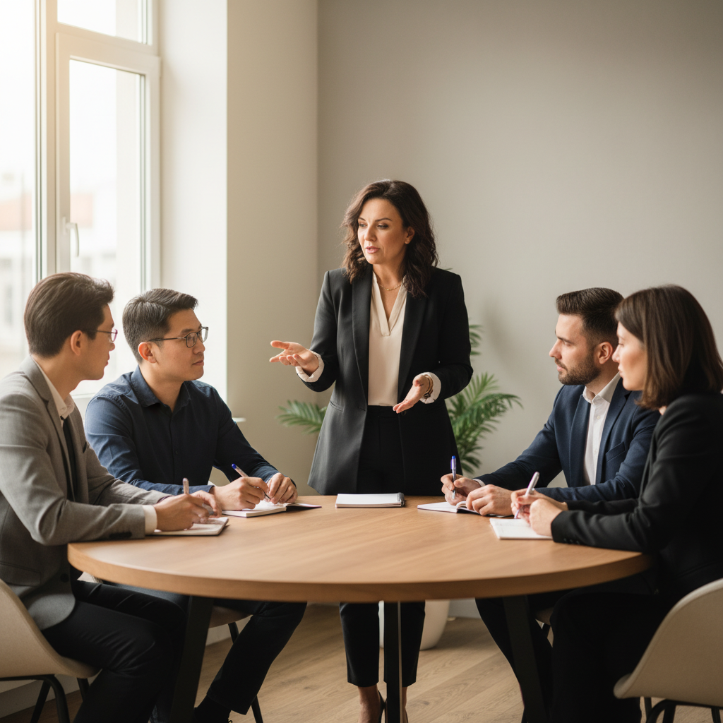 Izabela Stasiukiewicz leading an intimate executive workshop around a round table, coaching a small group of professionals who are actively taking notes and engaged in discussion