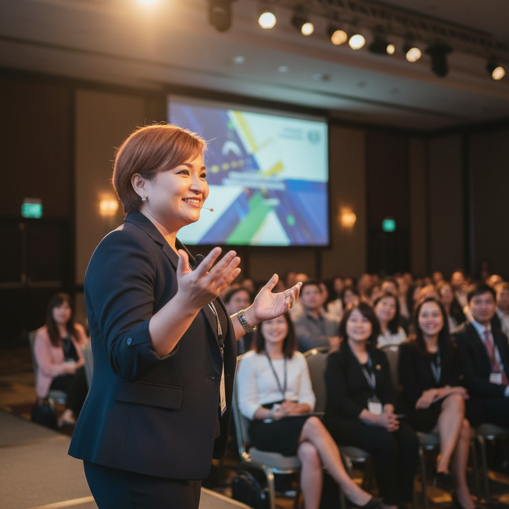 Angelie Kapoor commanding a large conference stage under warm spotlights, gesturing passionately to a captivated audience in a professional ballroom setting