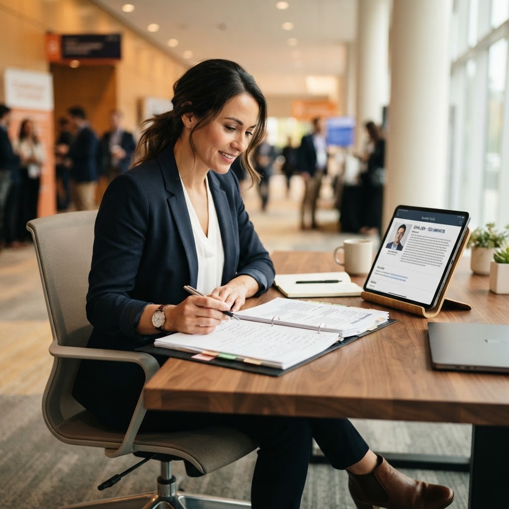 A conference organizer reviewing documents and speaker profiles on a clean, modern desk with a tablet displaying a professional speaker profile