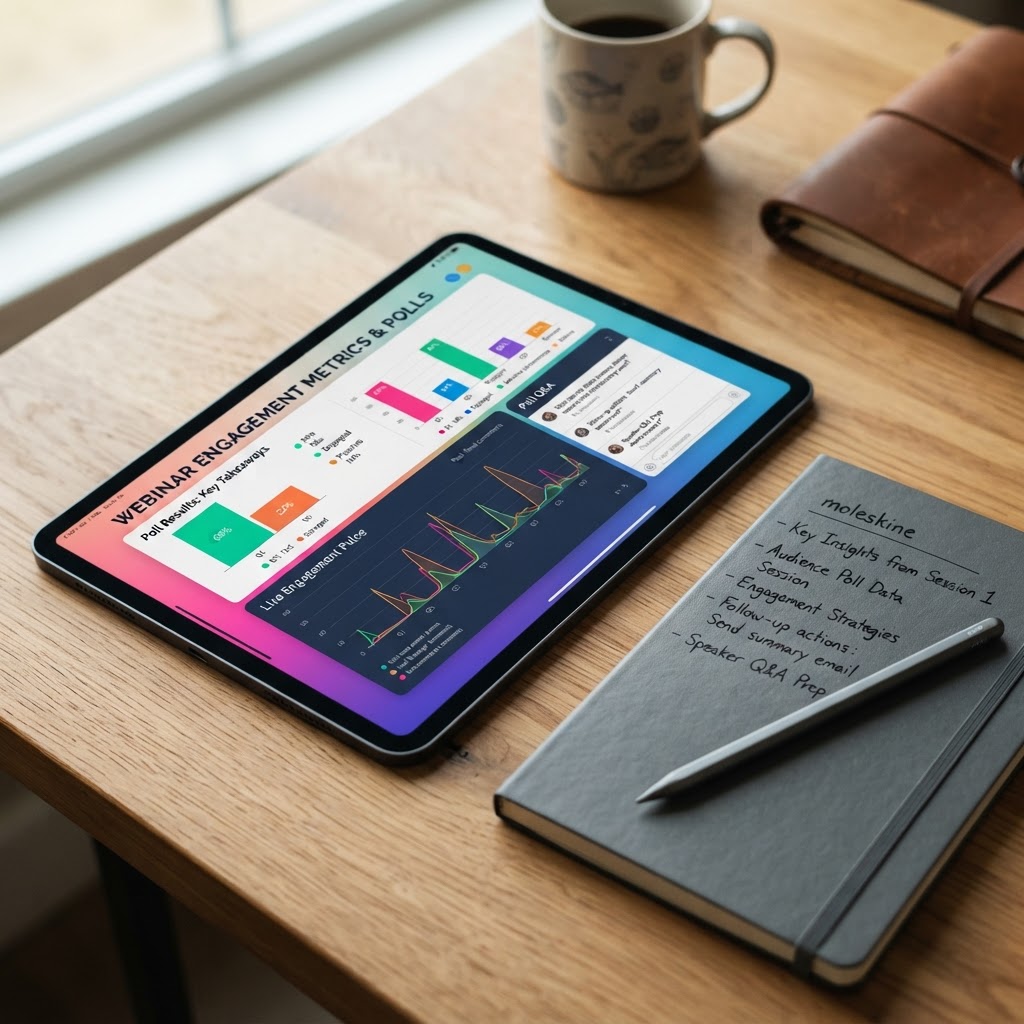 A close-up, creative flat-lay shot of a tablet showing an interactive webinar slide with vibrant engagement metrics and poll results, next to a notepad with handwritten bullet points and a professional stylus.