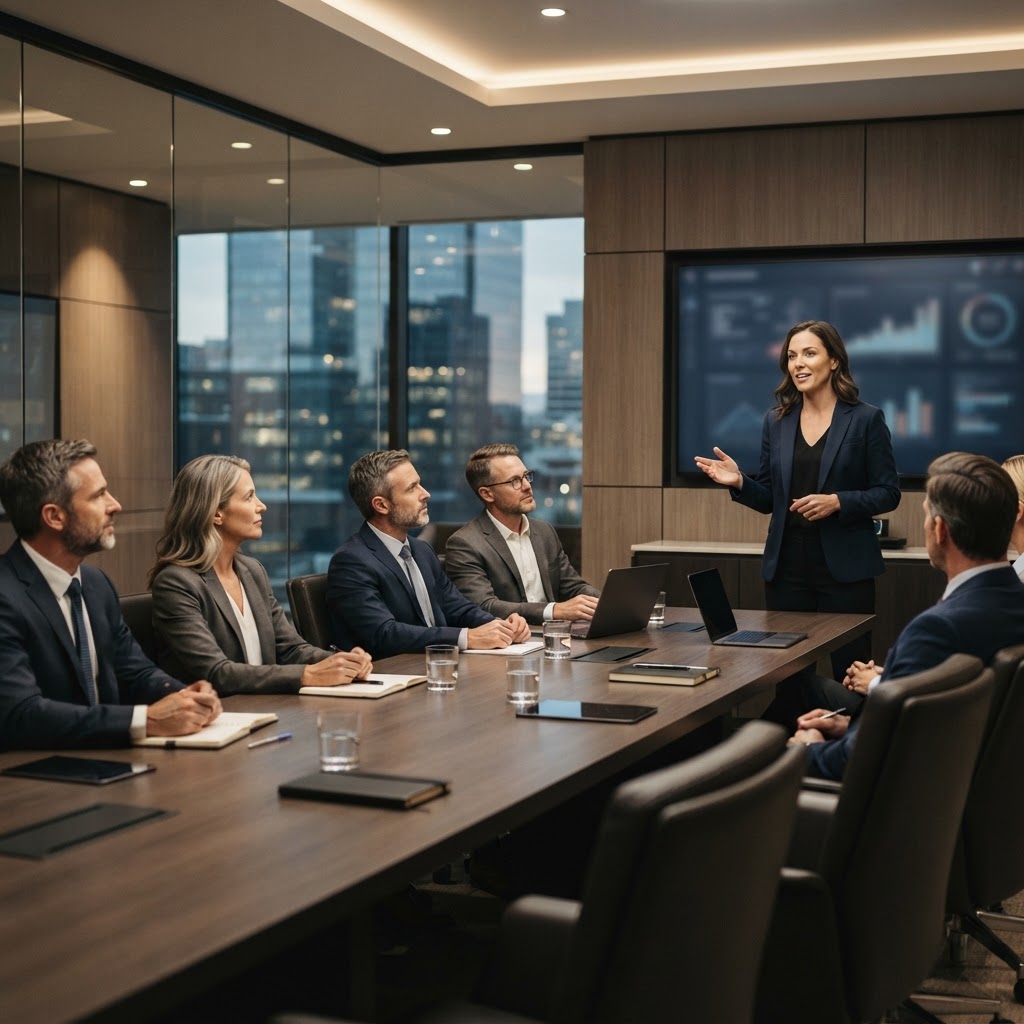 A modern, sleek office environment showing a professional speaker presenting to an engaged corporate leadership team in a boardroom setting.