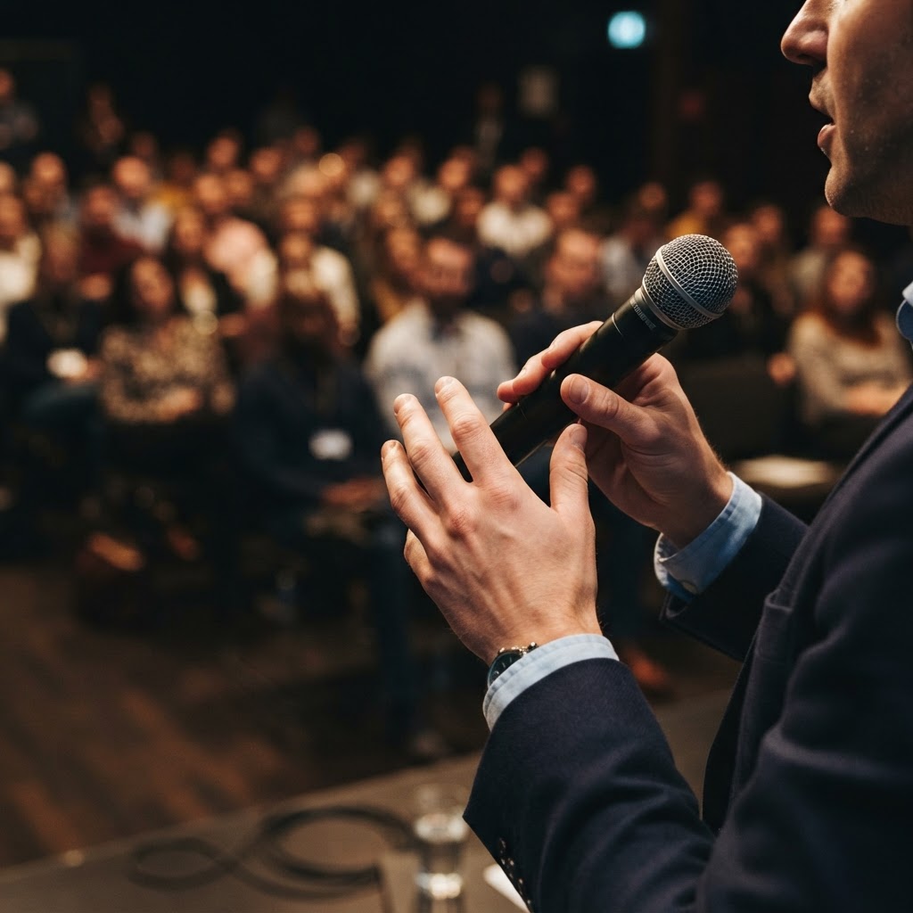 A close-up, high-angle shot of a speaker's hands holding a modern microphone, with a soft-focus background of an engaged audience in a dimly lit conference room, cinematic lighting.