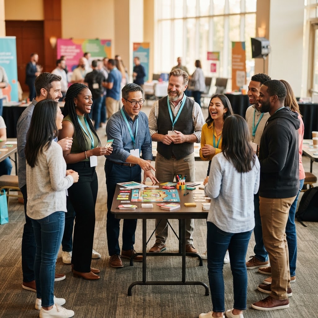 A diverse group of conference attendees standing in a circle participating in a gamified workshop, vibrant lighting and collaborative atmosphere.