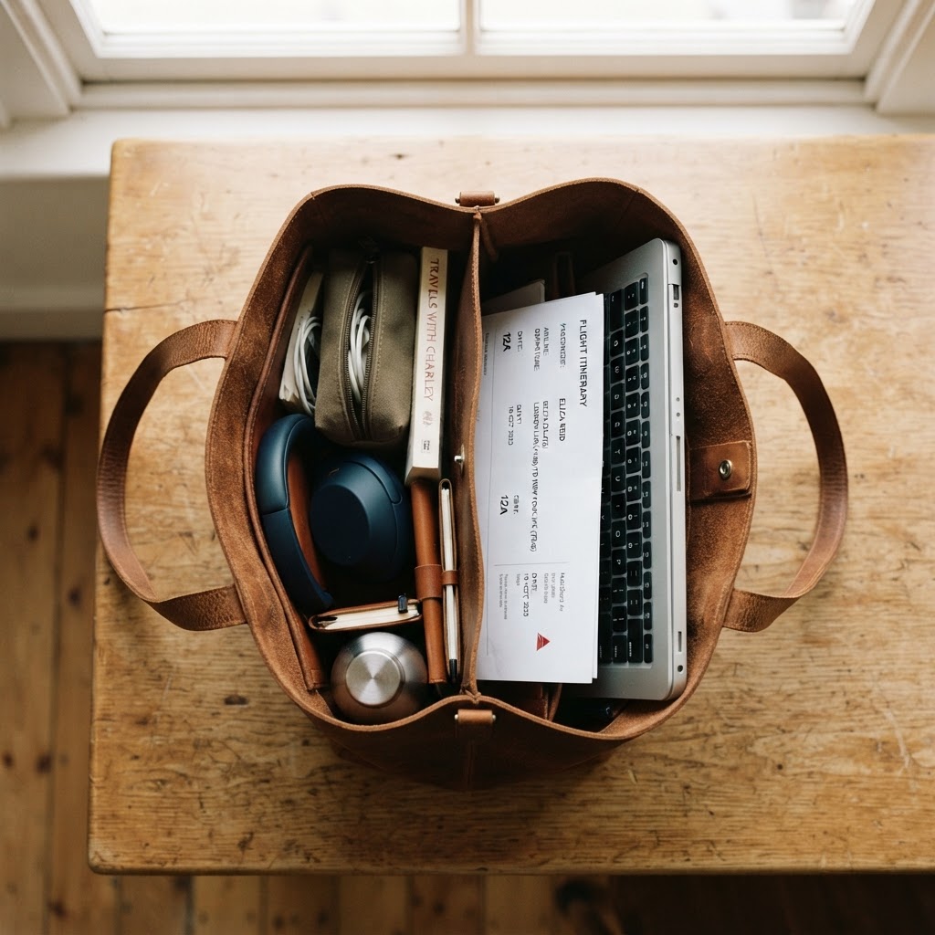 An overhead flat-lay photograph of a sleek leather laptop bag containing a neatly packed itinerary, a passport, a noise-canceling headset, and a professional branded notebook on a clean wooden desk