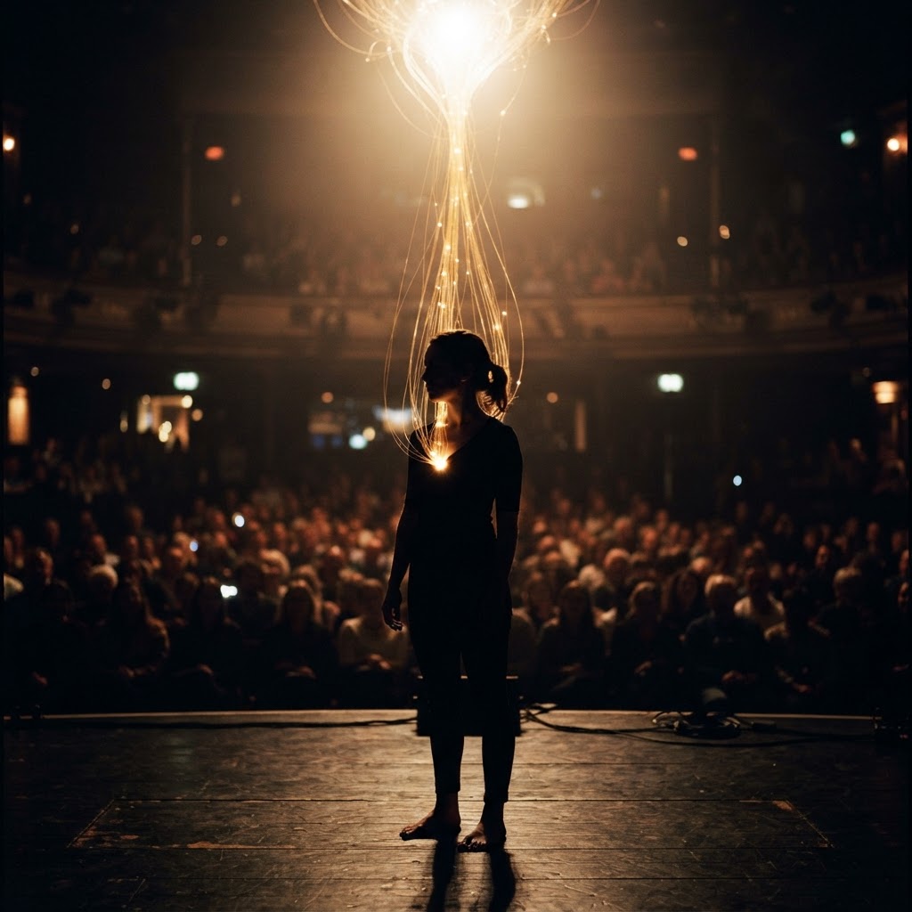 A conceptual digital art piece showing a silhouette of a person standing in a dark room, with warm, glowing golden filaments connecting their heart to a bright, abstract spotlight above.
