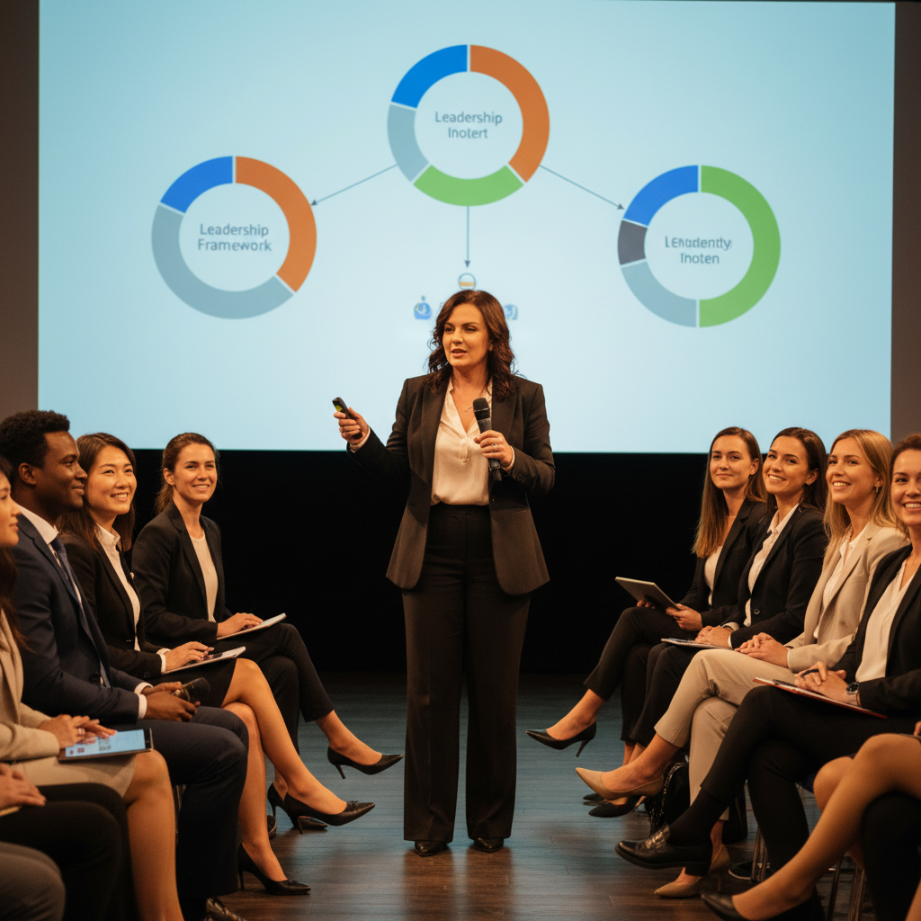 Izabela Stasiukiewicz speaking confidently on a large conference stage, gesturing toward a screen displaying leadership framework concepts, with an engaged professional audience in the foreground