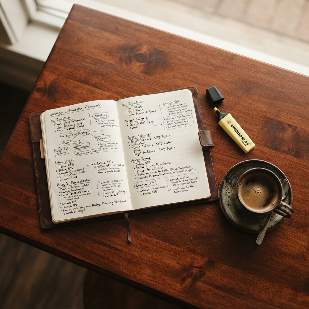 An overhead flat-lay shot of a notebook filled with strategic notes, a highlighter, and a coffee cup on a mahogany table, representing the planning and customization phase.